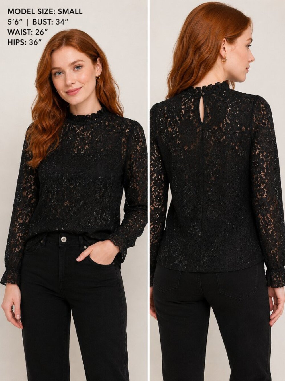 Allegra K Black Floral Lace Blouse Sheer Long Sleeve Mock Neck Elegant Top